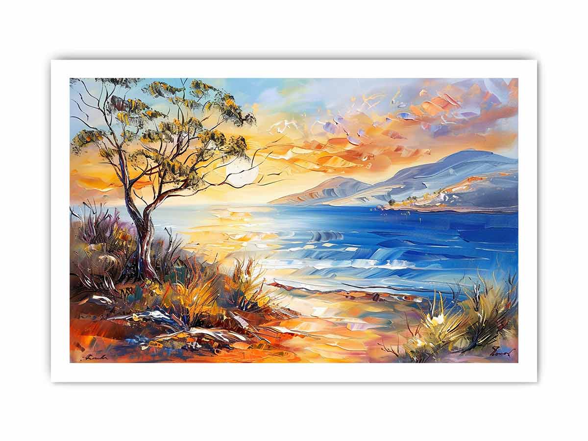Painterly coastal landscape canvas art for bright living room or beach house decor.