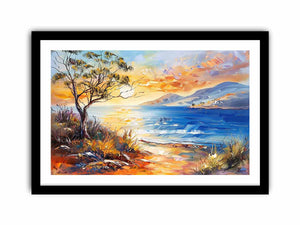 Painterly coastal landscape canvas art for bright living room or beach house decor.
