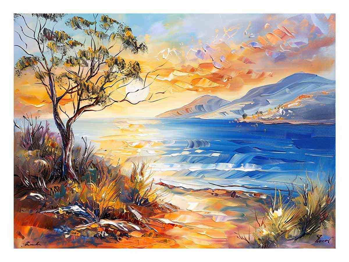 Painterly coastal landscape canvas art for bright living room or beach house decor.