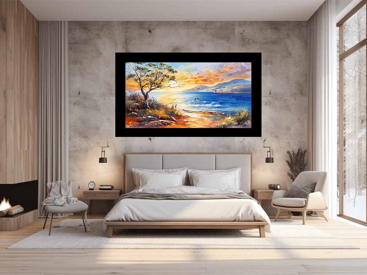 Painterly coastal landscape canvas art for bright living room or beach house decor.