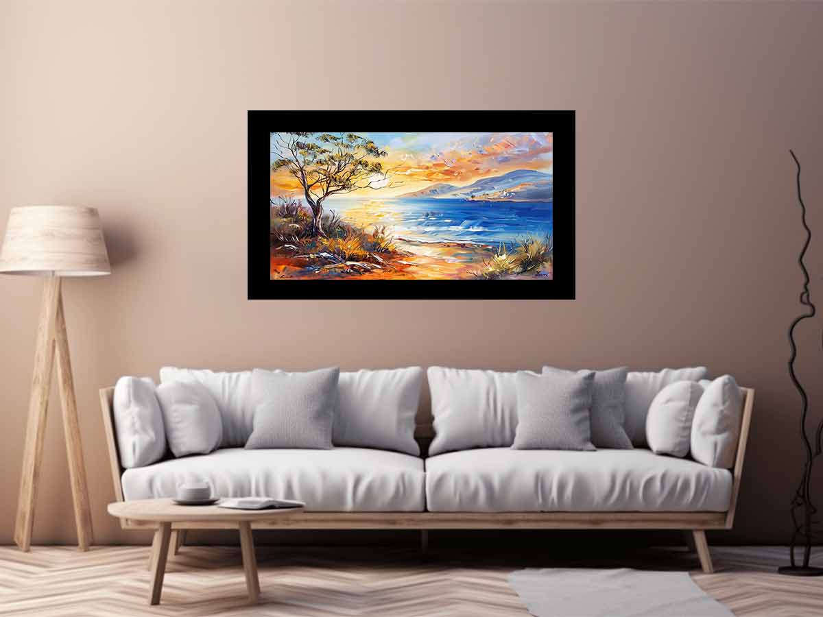 Painterly coastal landscape canvas art for bright living room or beach house decor.