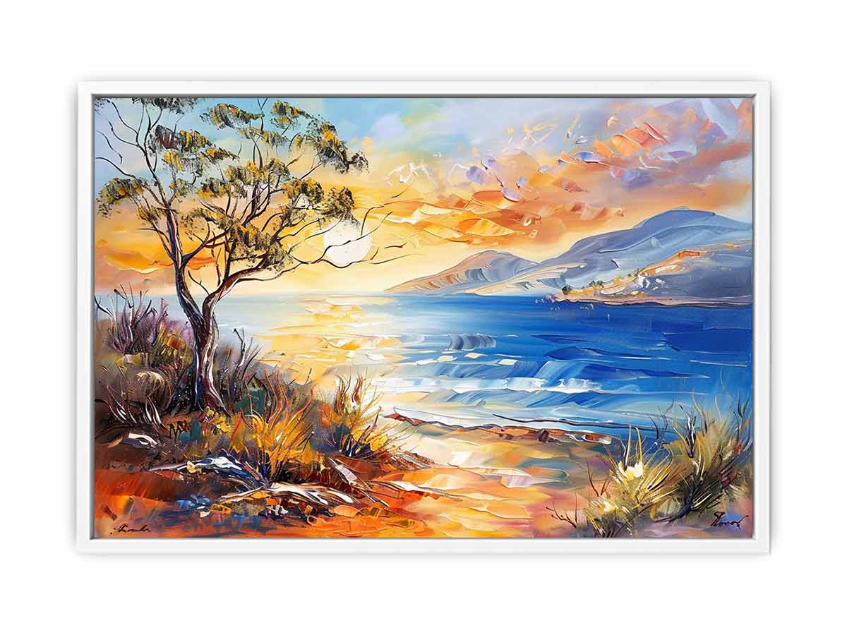 Painterly coastal landscape canvas art for bright living room or beach house decor.