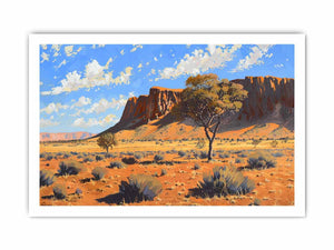 Outback desert landscape canvas art with red rocks for warm living room decor.