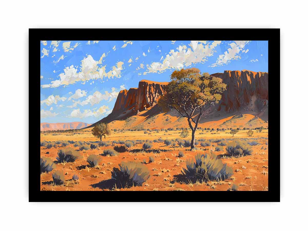 Outback desert landscape canvas art with red rocks for warm living room decor.