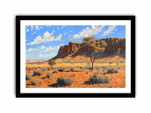 Outback desert landscape canvas art with red rocks for warm living room decor.