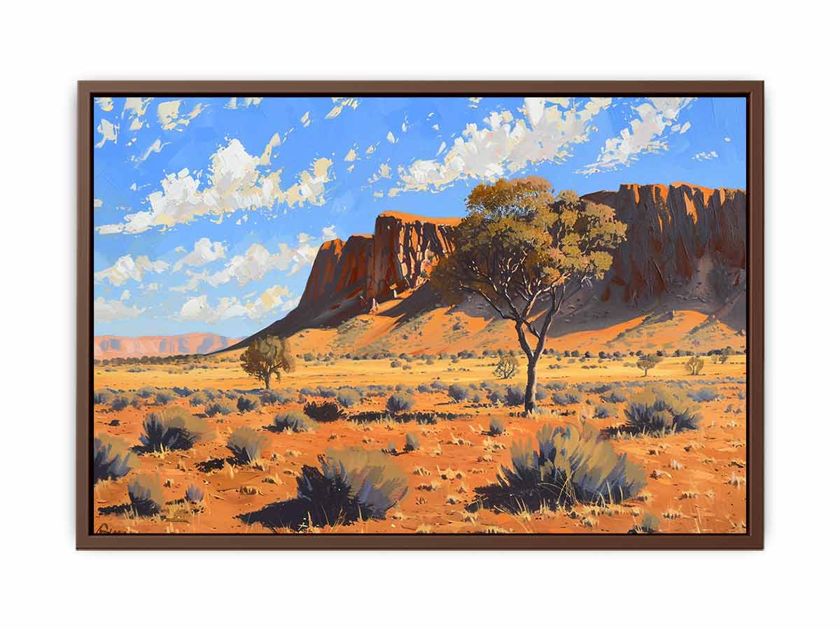Outback desert landscape canvas art with red rocks for warm living room decor.