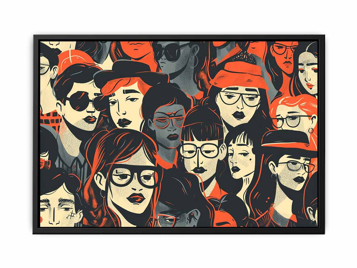 Retro illustrated portrait crowd wall art with orange accents for modern living room decor.