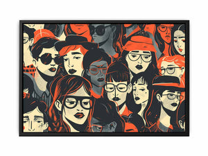 Retro illustrated portrait crowd wall art with orange accents for modern living room decor.