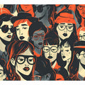 Retro illustrated portrait crowd wall art with orange accents for modern living room decor.