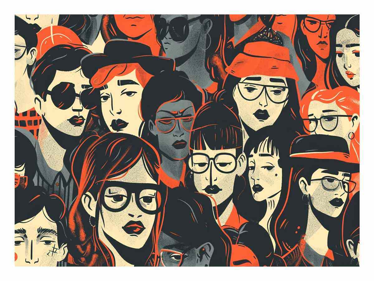 Retro illustrated portrait crowd wall art with orange accents for modern living room decor.