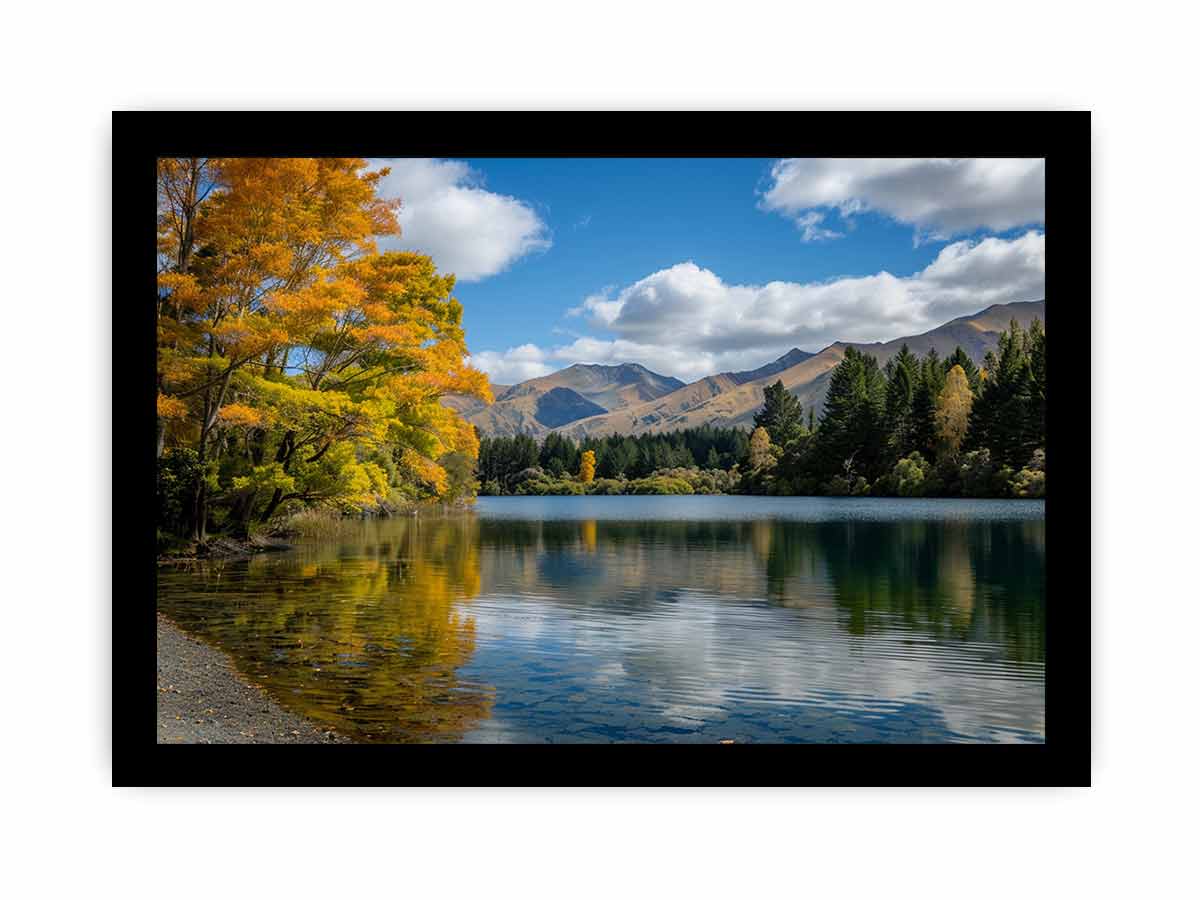 Autumn mountain lake landscape photography canvas for peaceful living room decor.