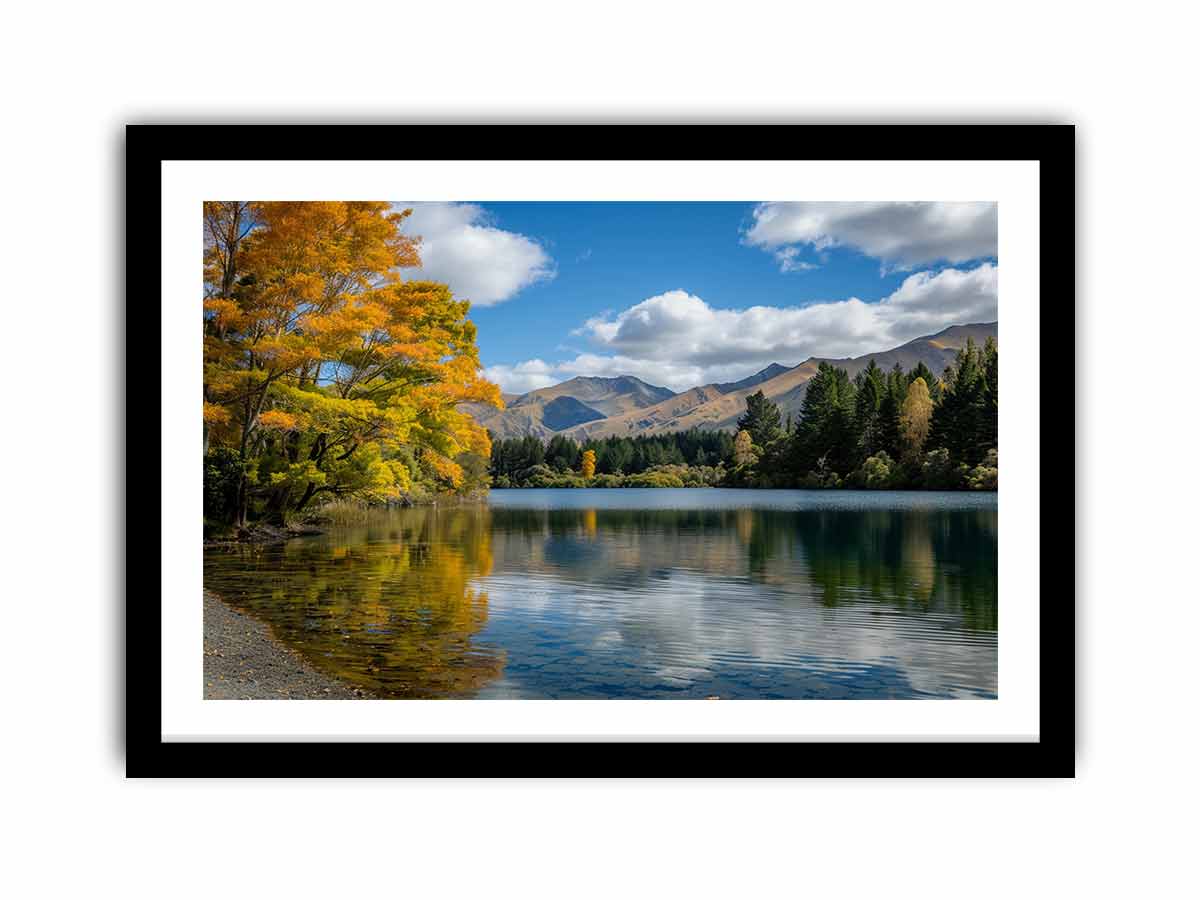 Autumn mountain lake landscape photography canvas for peaceful living room decor.
