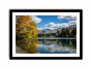Autumn mountain lake landscape photography canvas for peaceful living room decor.