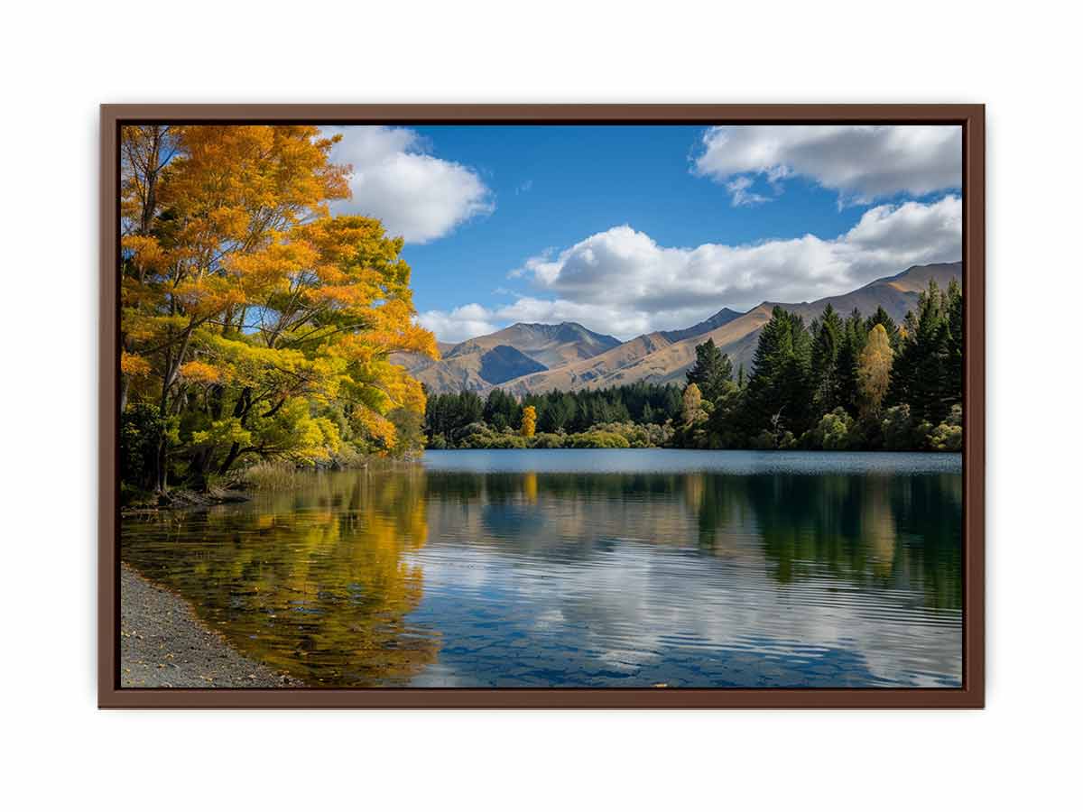 Autumn mountain lake landscape photography canvas for peaceful living room decor.