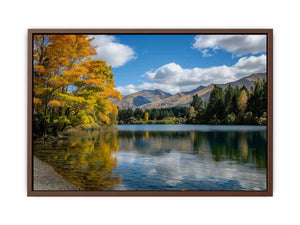 Autumn mountain lake landscape photography canvas for peaceful living room decor.