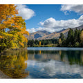 Autumn mountain lake landscape photography canvas for peaceful living room decor.