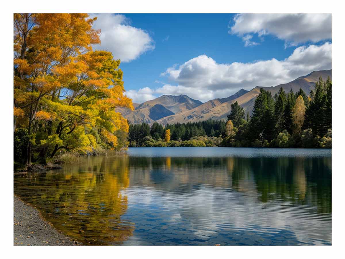 Autumn mountain lake landscape photography canvas for peaceful living room decor.