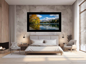 Autumn mountain lake landscape photography canvas for peaceful living room decor.