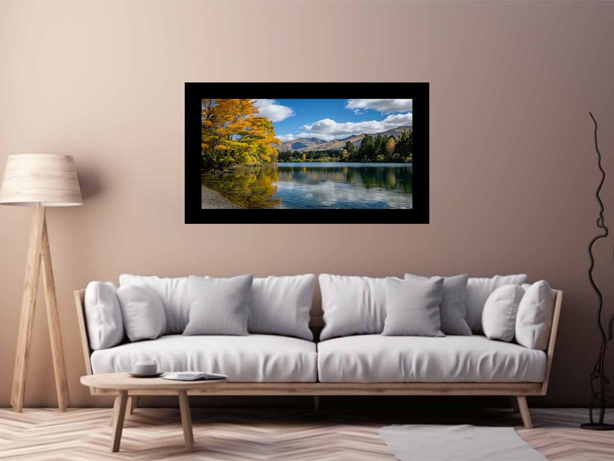 Autumn mountain lake landscape photography canvas for peaceful living room decor.
