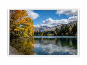 Autumn mountain lake landscape photography canvas for peaceful living room decor.