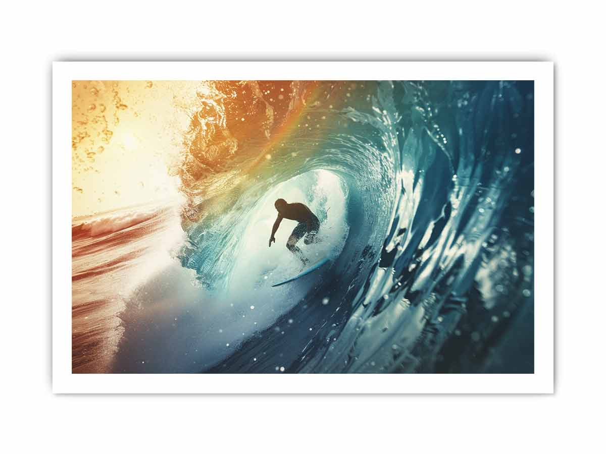 Dramatic surfer inside blue ocean wave canvas for modern coastal living room decor.
