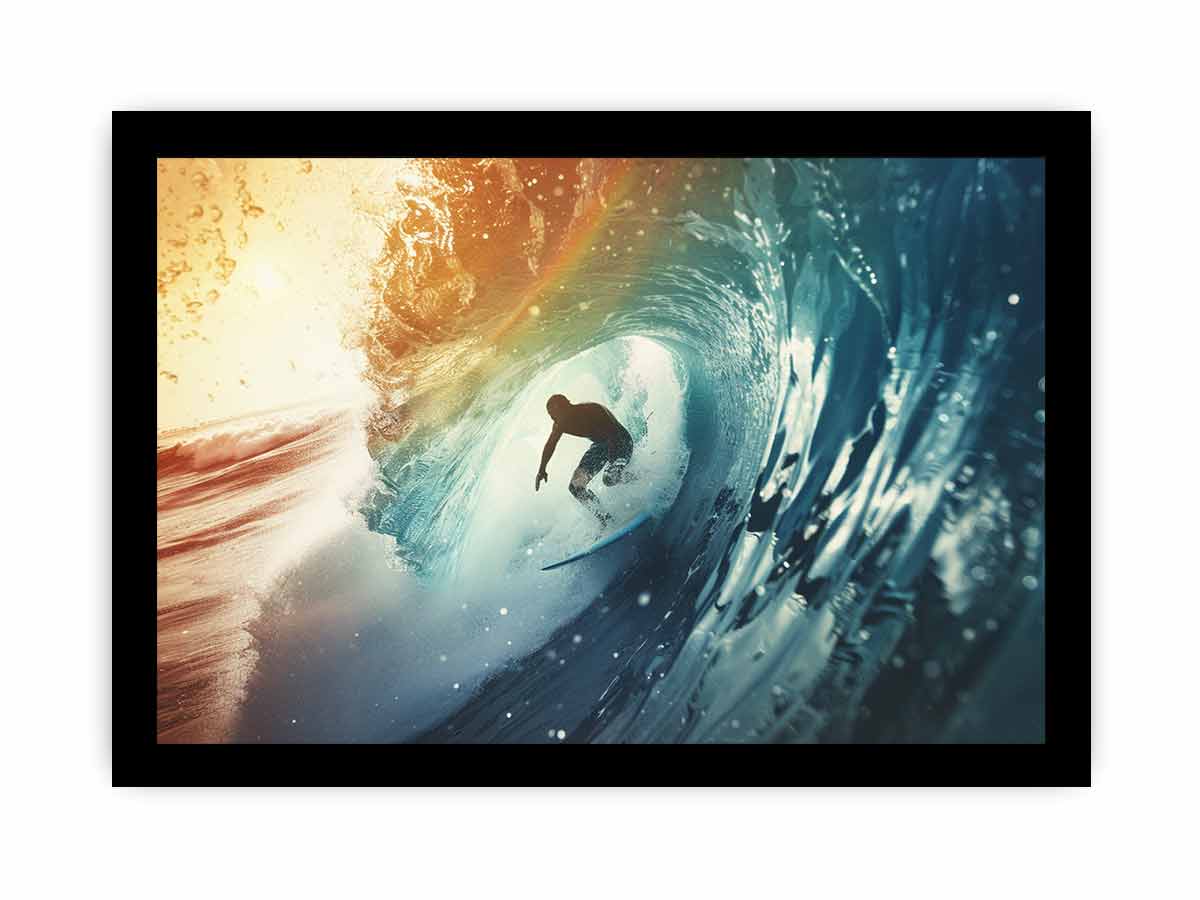 Dramatic surfer inside blue ocean wave canvas for modern coastal living room decor.