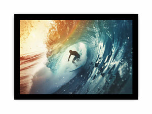 Dramatic surfer inside blue ocean wave canvas for modern coastal living room decor.