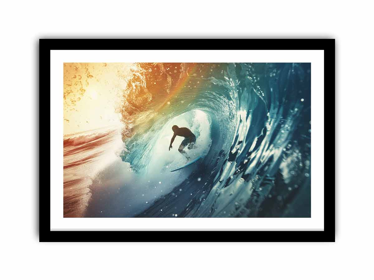 Dramatic surfer inside blue ocean wave canvas for modern coastal living room decor.