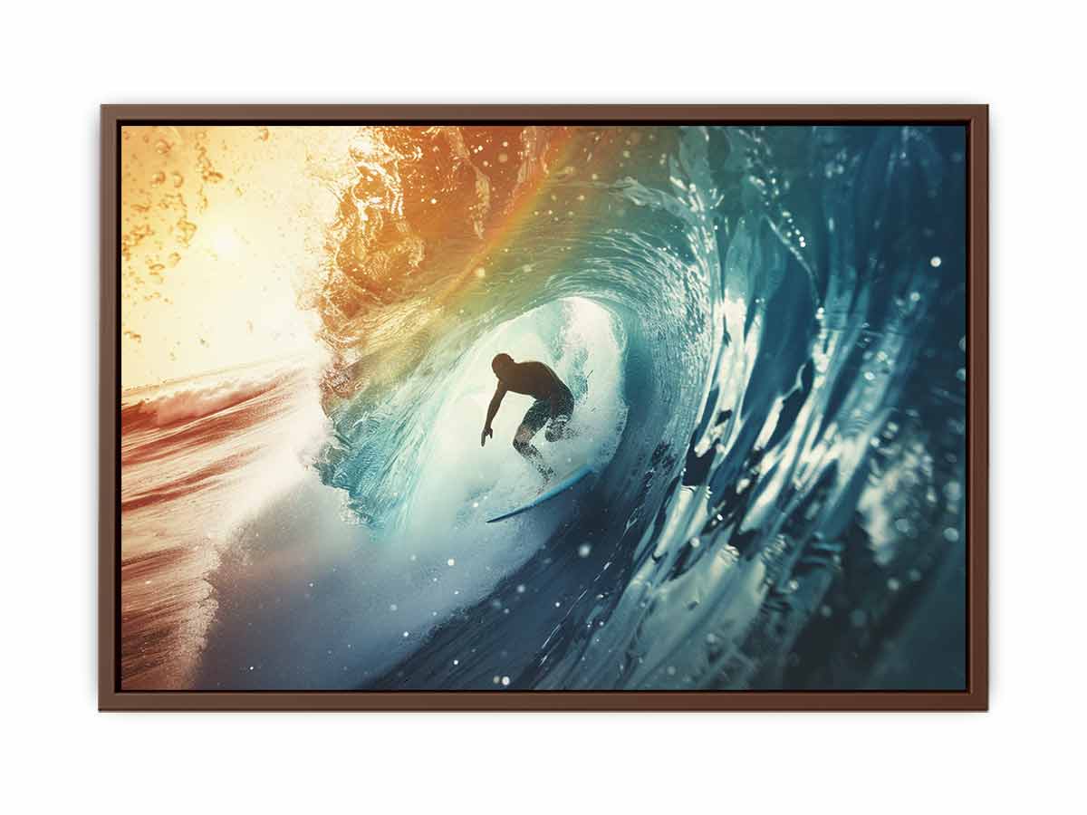 Dramatic surfer inside blue ocean wave canvas for modern coastal living room decor.