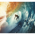Dramatic surfer inside blue ocean wave canvas for modern coastal living room decor.