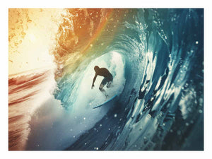 Dramatic surfer inside blue ocean wave canvas for modern coastal living room decor.