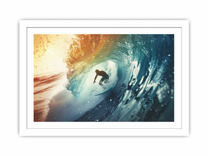 Dramatic surfer inside blue ocean wave canvas for modern coastal living room decor.