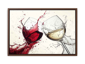 Dramatic red and white wine glass canvas art for dining room or home bar decor.