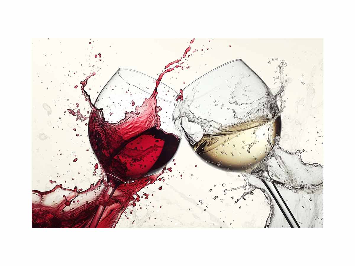 Dramatic red and white wine glass canvas art for dining room or home bar decor.