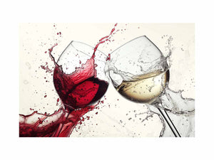 Dramatic red and white wine glass canvas art for dining room or home bar decor.