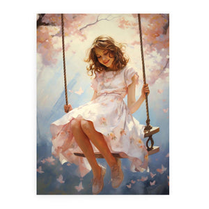 Girl on swing canvas illustration with blossoms for dreamy nursery decor.