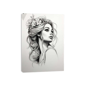Blooming Muse fashion portrait drawing canvas art for bedroom or dressing area decor.