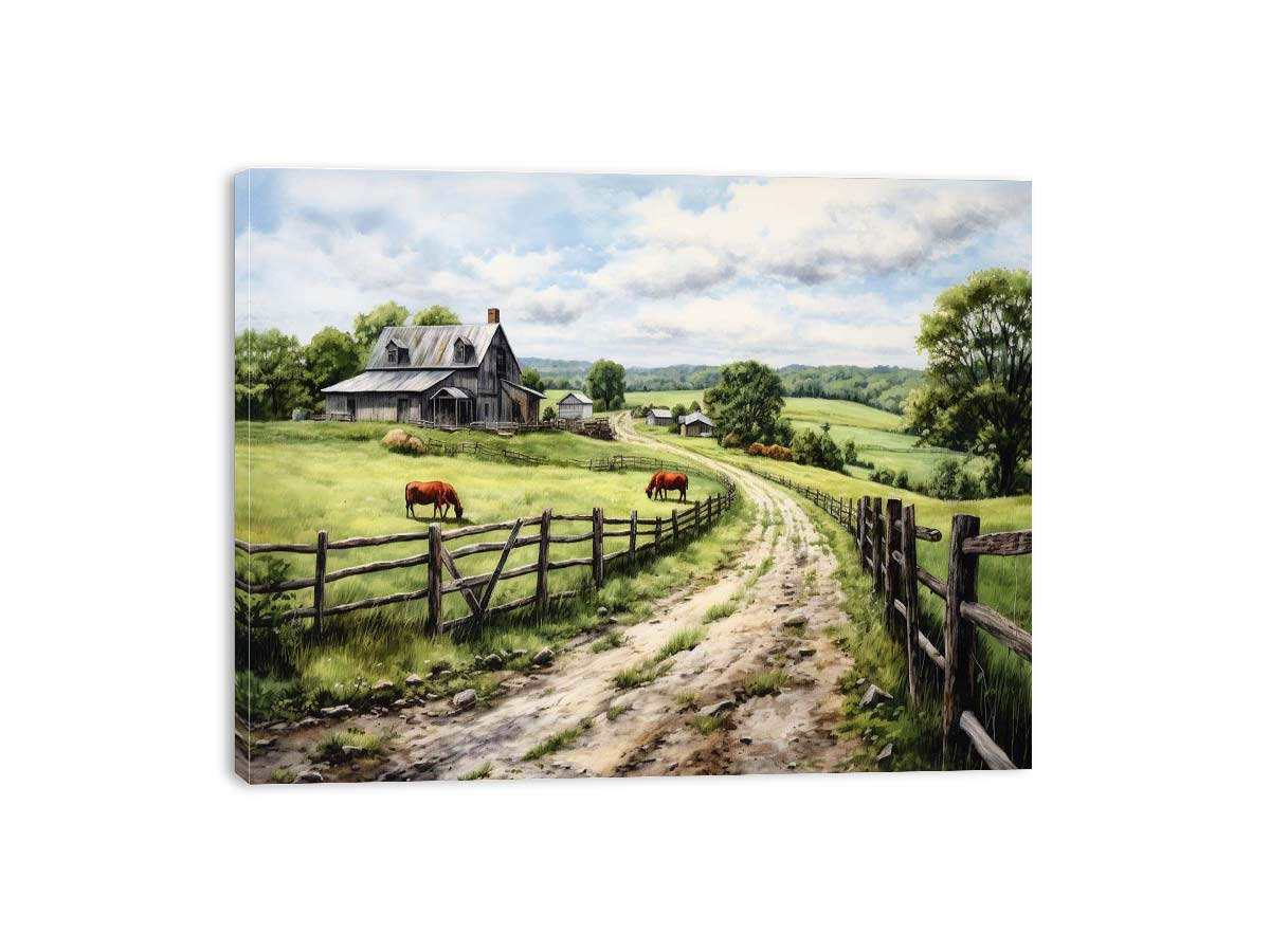 Pasture Road farmhouse watercolor canvas art for country living room or hallway decor.