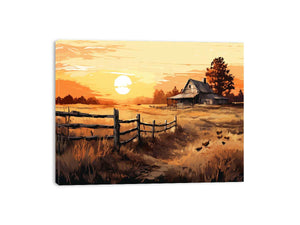 Golden Homestead rustic landscape illustration canvas art for farmhouse living room or dining space decor.