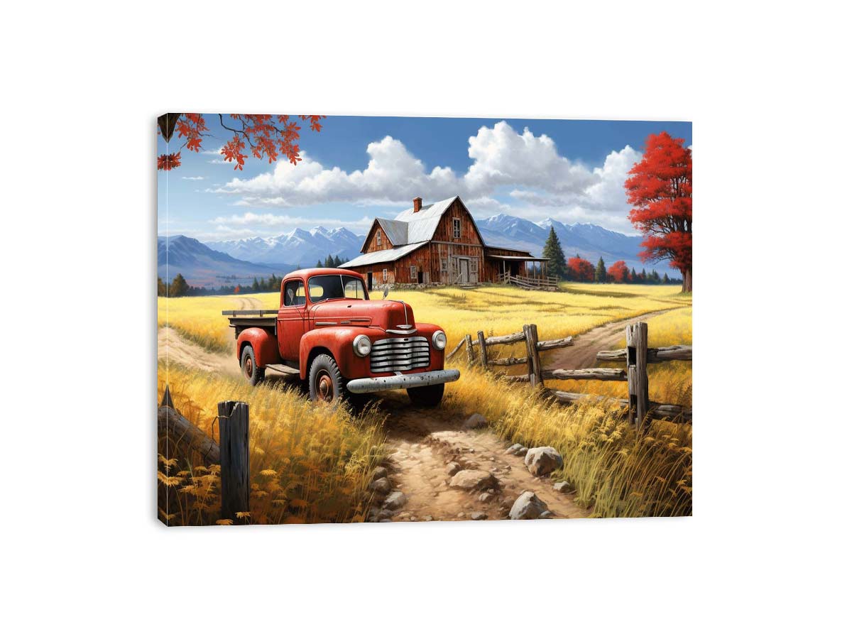 Rustic red truck farmhouse canvas art for warm living room decor.