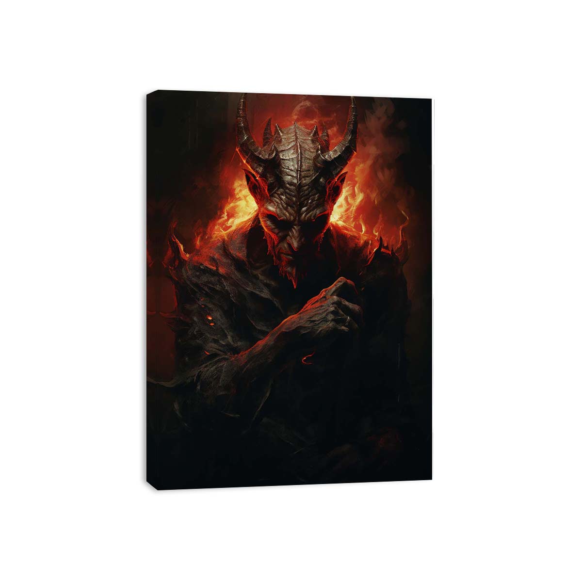 Dark fantasy demon wall art with red fire lighting for gothic decor.