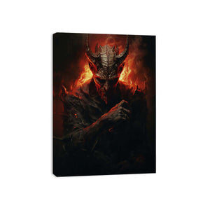 Dark fantasy demon wall art with red fire lighting for gothic decor.
