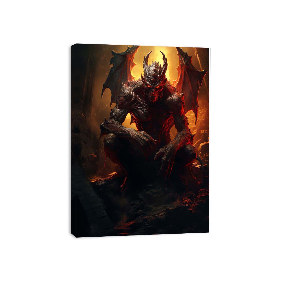 Winged demon canvas print with fiery red glow for gothic room decor.