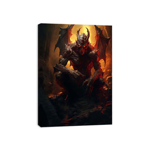 Winged demon canvas print with fiery red glow for gothic room decor.