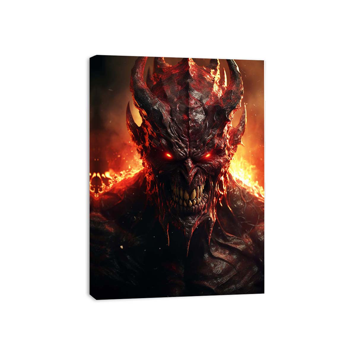 Fiery demon portrait wall art with glowing red eyes for dark decor.