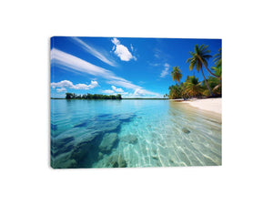 Tropical lagoon beach wall art with palm trees for coastal home decor.