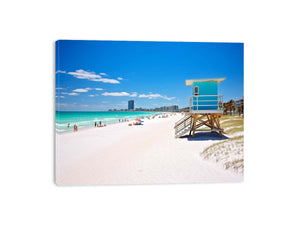 Florida beach lifeguard canvas art with blue tower for coastal decor.