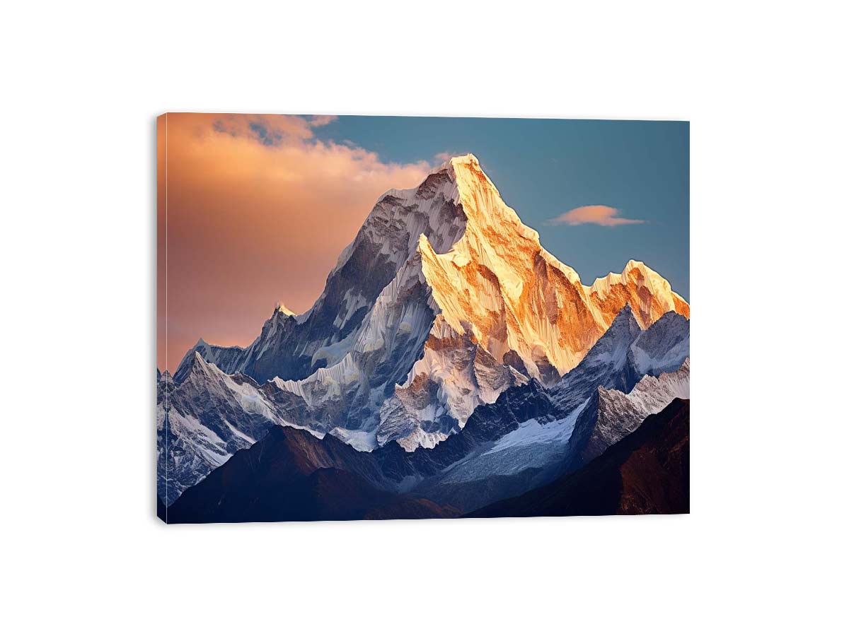 Himalayan mountain canvas print with golden peak light for living room decor.