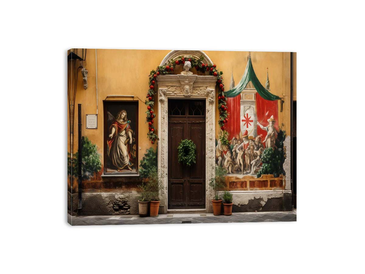 Italian village mural canvas art with warm courtyard and festive doorway.