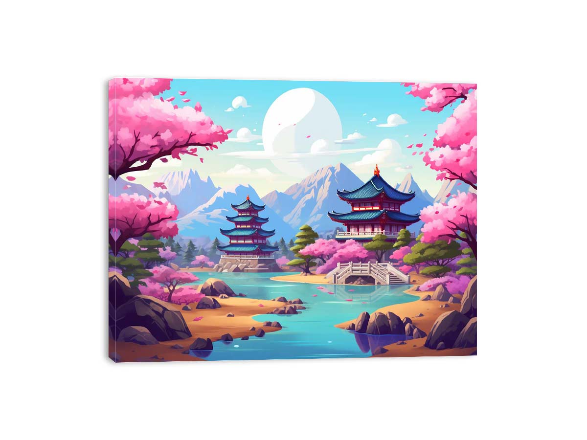 South Korea inspired cherry blossom palace canvas art for colorful bedroom or nursery decor.